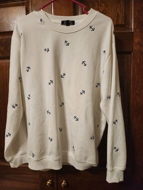 Cream Crewneck Sweater with Navy Anchor Motif
